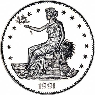 Obverse of US Trade Dollar Two Ounce Silver Bullion Round