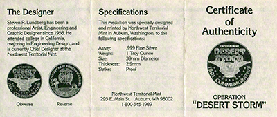 1991 Desert Storm Silver Medallion Certificate Obverse