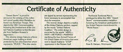 1991 Desert Storm Silver Medallion Certificate Reverse