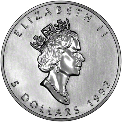 Obverse of 1992 Silver Canadian Maple Leaf