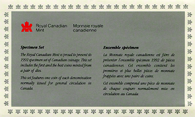 Obverse of 1992 Canada Six Coin Specimen Set Certificate
