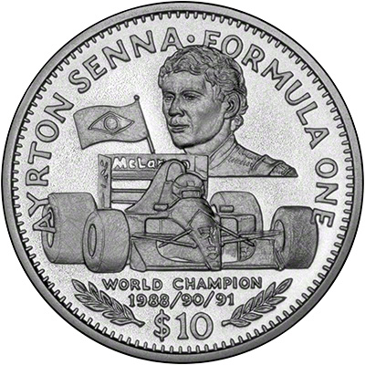 Reverse of 1992 Liberian $10 Motorsport Coin