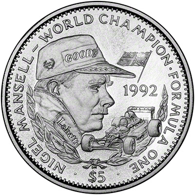 Reverse of 1992 Liberian $5 Motorsport Coin