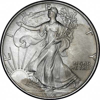 Obverse of 1992 American One Dollar Silver Proof Coin