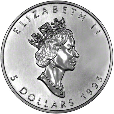 Obverse of 1993 Silver Canadian Maple Leaf