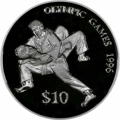 Judo on Reverse of 1993 Fiji Olympic $10 Silver Proof Coin