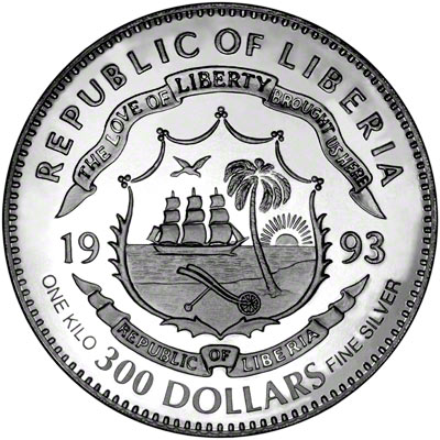 Obverse of 1993 Liberia Silver Proof One Kilo Coin