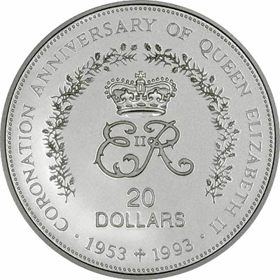 Reverse of 1993 Niue Silver Proof 20 Dollars