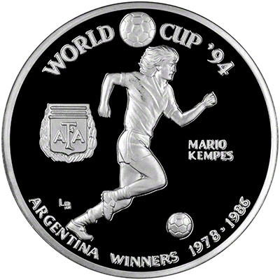 400 1993 Turks & Caicos Islands Silver Proof 20 Crowns -World Cup Winners, Argentina 1978, 1986