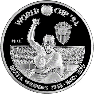 1993 Turks & Caicos Islands Silver Proof 20 Crowns - World Cup Winners, Brazil, 1958, 1962, 1970
