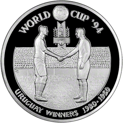 Reverse of 1993 Turks & Caicos Islands Silver Proof 20 Crowns - World Cup Winners, Uruguay 1930, 1950