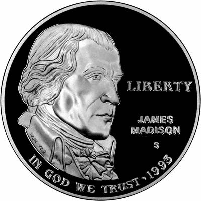 Obverse of 1993 James Madison Silver Proof Dollar