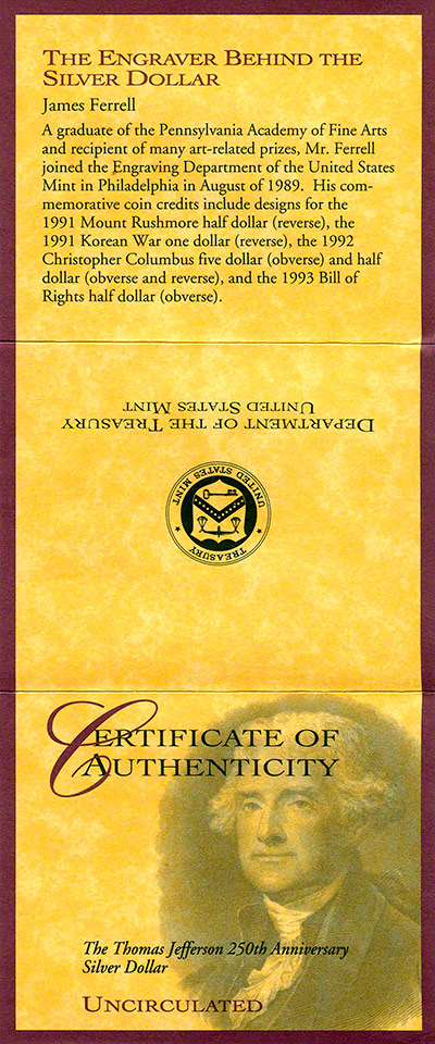 1993 Thomas Jefferson Silver Dollar Certificate