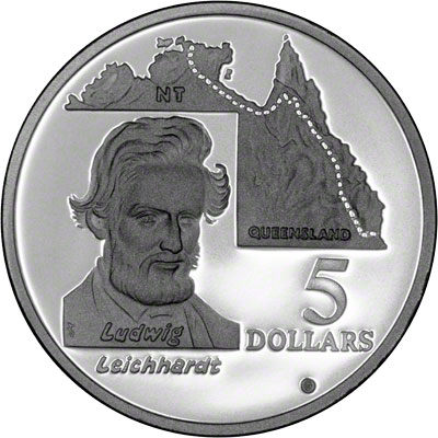 Reverse of 1994 Ludwig Leichhardt Silver Proof Five Dollars