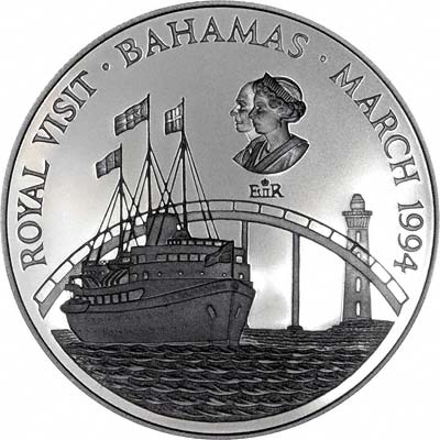 Royal Yacht Britannia on Reverse of 1994 Bahamas Silver Proof 2 Dollars