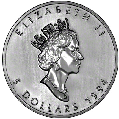 Obverse of 1994 Silver Canadian Maple Leaf