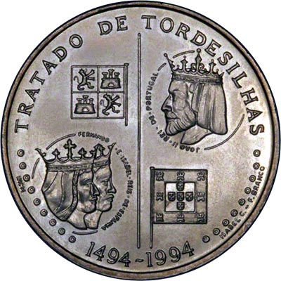 Reverse of 1994 Portugal 200 Escudos - 500th Anniversary - Treaty of Tordesilhas