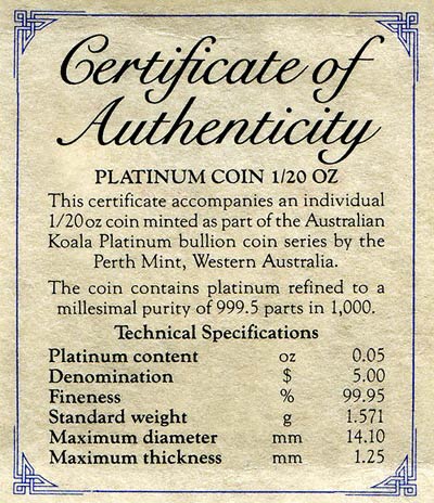 1995 Twentieth Ounce Platinum Koala Certificate
