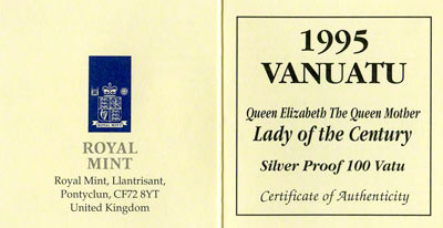 Obverse of 1995 Vanuatu Silver Proof 100 Vatu Certificate