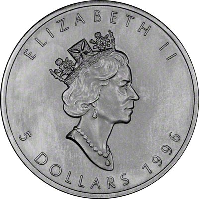 Obverse of 1996 Silver Canadian Maple Leaf