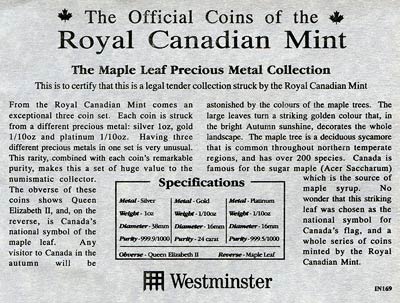 Canadian Maple Leaf Precious Metal Collection Certificate
