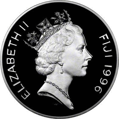 Obverse of 1996 Alderney £5 Crown Queen's Seventieth Birthday Coronation Procession One Kilo Silver Coin