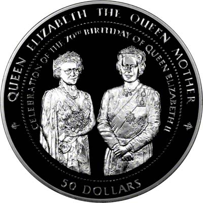 Reverse of 1996 Alderney £5 Crown Queen's Seventieth Birthday Coronation Procession One Kilo Silver Coin