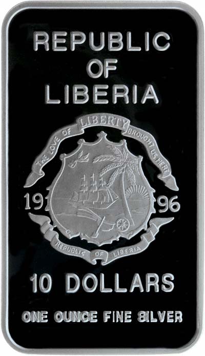 Obverse of 1996 Liberian $10 One Ounce Silver Ingot Shaped Coin