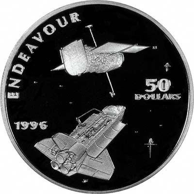 Endeavour Space Shuttle on Reverse of 1996 Marshall Islands Silver Proof 50 Dollars