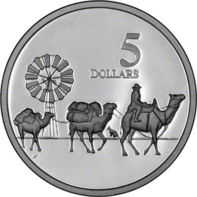 Reverse of 1997 Australia Silver Proof Five Dollars - Camel Pack Train