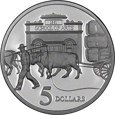 Reverse of 1997 Australia Silver Proof Five Dollars - Ox Drawn Wagons