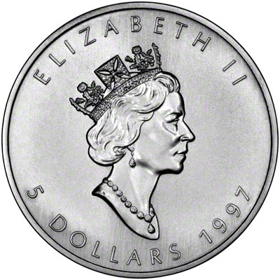 Obverse of 1997 Silver Canadian Maple Leaf