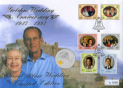 1997 Silver Proof Golden Wedding Anniversary Five Pounds - Jersey PNC