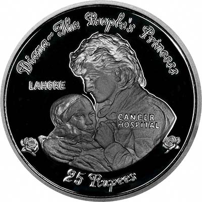 Princess Diana on Reverse of 1997 Seychelles 25 Rupees Silver Proof Crown