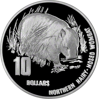 Reverse of 1998 Australia Silver Proof Ten Dollars - Northern Hairy Nosed Wombat