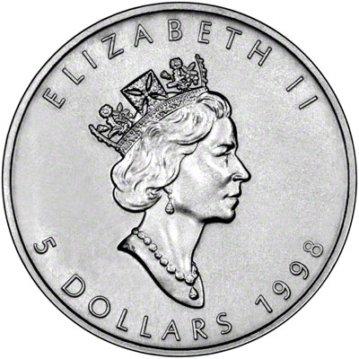 Obverse of 1998 Silver Canadian Maple Leaf