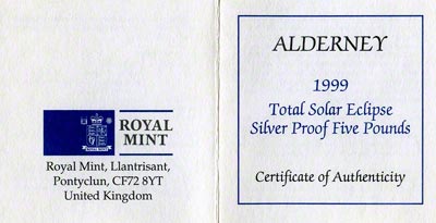 1999 Total Solar Eclipse Silver Proof Five Pound Crown Certificate