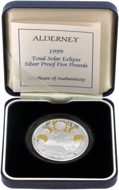 1999 Total Solar Eclipse Silver Proof Five Pound Crown in Presentation Box
