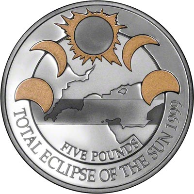 Reverse of 1999 Total Solar Eclipse Silver Proof Five Pound Crown