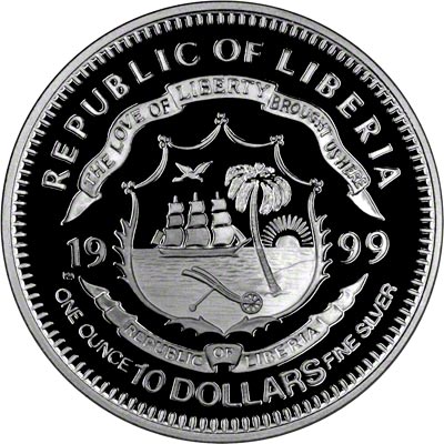 Obverse of 1999 Liberian Prince Edward's Marriage $10 Silver Coin