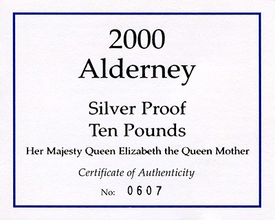 2000 Alderney Queen Mother Ten Pound Coin Certificate