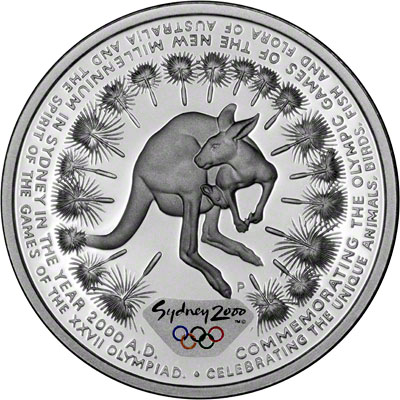 Reverse of Australian $5 Silver Proof Coin - Kangaroo in Circle of Grass Trees