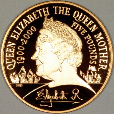 2000 Queen Mother Centenary Proof Gold Five Pound Coin Reverse Photograph