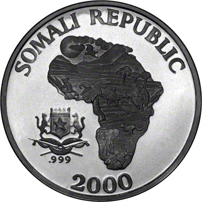 Obverse of 2000 Somalian Silver Monkey