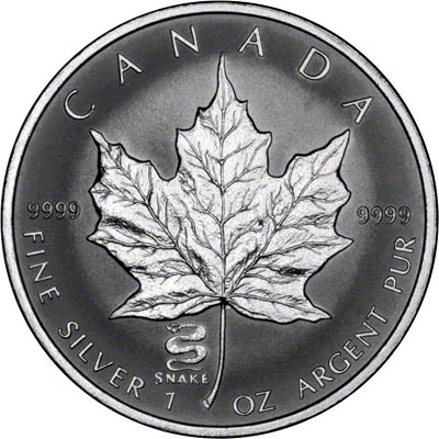 Reverse of 2001 Silver Canadian Maple Leaf - Snake Privy Mark Satin Finish