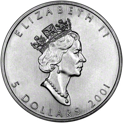 Obverse of 2001 Silver Canadian Maple Leaf