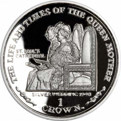 Queen Mother & George VI at Silver Wedding St. Paul's Cathedral on Reverse of 2001 Manx Silver Proof Crown