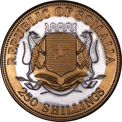 Obverse of Somalia Tri-Metallic 250 Shillings