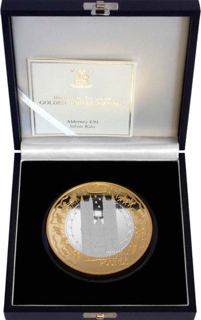2002 Alderney Golden Jubilee Fifty Pound Silver Proof Kilo Coin in Box