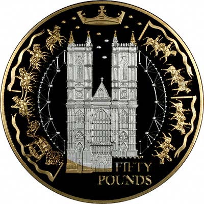 Reverse of 2002 Alderney Golden Jubilee Fifty Pound Silver Proof Kilo Coin with Selective Gold Plating